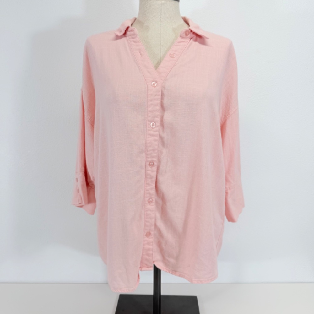 Vici Oversized Coastal Linen Blend Button Down 3/4 Sleeve Soft Pink Blouse M